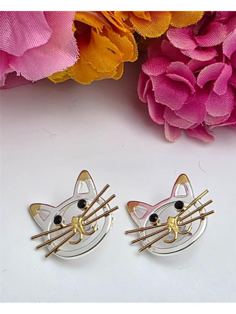 Vintage Cat Face Earrings Gold Silver Plated Black Rhinestone Cute Stud 24mm